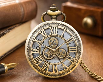 Steampunk Pocket Watch Bronze Roman Numerals Skeleton Mechanical Men Gift Vintage Chain Fob Watch
