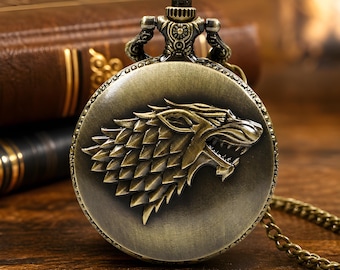 Zegarek kieszonkowy z gry o tron Stark Direwolf z brązu, naszyjnik z łańcuszkiem, prezent vintage dla mężczyzn i kobiet