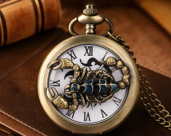Collar con reloj de bolsillo Escorpio, bronce antiguo, regalo para hombre con el signo zodiacal Escorpión, reloj con cadena de números romanos