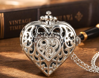 Heart Pocket Watch Necklace Silver Filigree Chain Women Vintage Valentine Gift