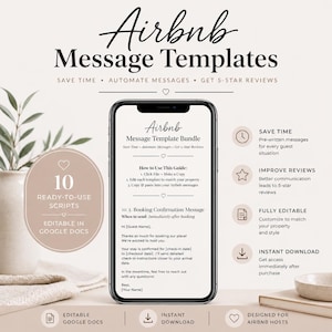 May include: A digital product advertisement for Airbnb message templates. The image features a smartphone displaying a message template, with icons and text highlighting features like saving time, automating messages, and getting 5-star reviews. Includes 10 ready-to-use scripts.