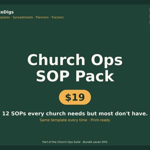 Könnte beinhalten: Dunkelgrüne Grafik mit dem Text "Church Ops SOP Pack" in Weiß. Der Preis beträgt 19 $, angezeigt in einem gelben Kreis. Der Text darunter lautet "12 SOPs every church needs but most don't have."