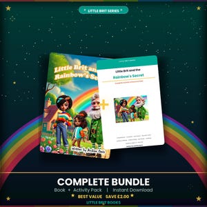 Könnte beinhalten: Ein komplettes Bundle mit einem Kinderbuch und einem Aktivitätspaket. Das Buchcover zeigt Illustrationen von Kindern und einem Regenbogen. Der Text lautet "Little Brit and Rainbow's Secret" und "Written by Andrae Davis". Sofortiger Download enthalten.