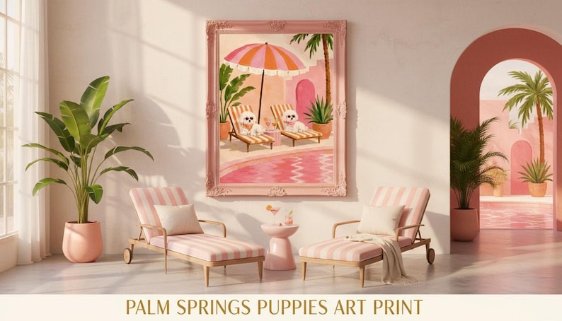 Pink Pool Poodle Dog Art, Summer Tropical Canine Wall Decor (digital ...