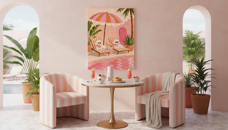 Pink Pool Poodle Dog Art, Summer Tropical Canine Wall Decor (digital ...