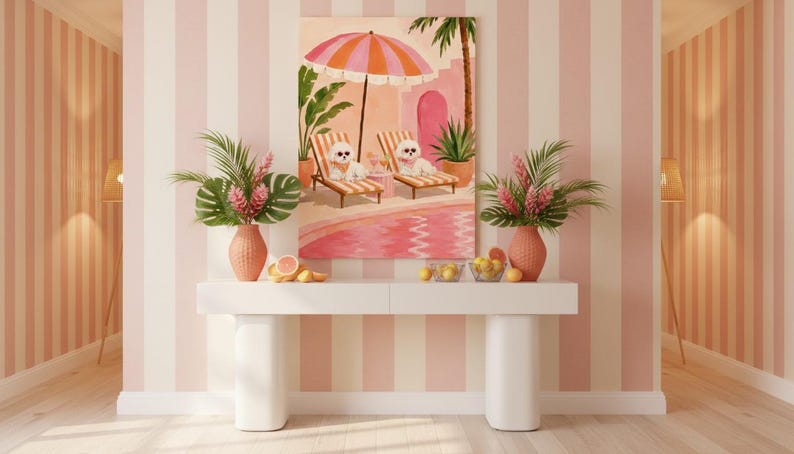Pink Pool Poodle Dog Art, Summer Tropical Canine Wall Decor (digital ...