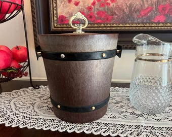 Vintage Mid Century Faux Wood Ice Bucket 1960s Retro Barware | Hong Kong MCM Barrel Ice Bucket Removable Liner | Tiki Bar Cart Decor 12"