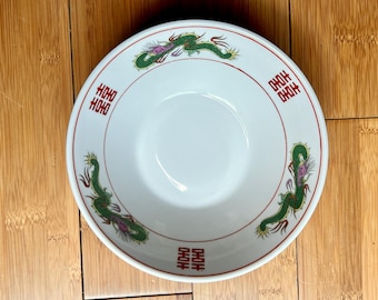 Vintage Red Dragon Ramen Bowl, 1970s Chinese Porcelain Noodle Bowl, Double Happiness Motif, Mid Century Retro Kitchenware