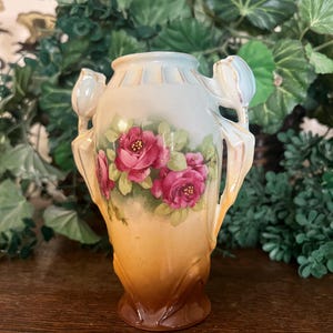 Antique Austrian Porcelain Cabinet Vase - Art Nouveau Flying Bird Mark Rose Motif - 5.5 Inch Small Flower Bud Handled Vase | circa 1900