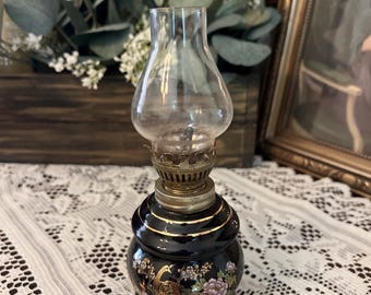 Vintage Black Porcelain Miniature Oil Lamp - Hand-Painted Peacock & Gold Floral - 7" Small Hurricane Kerosene Lamp - Mid-Century Chinoiserie