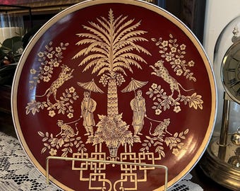 Vintage Hollywood Regency Chinoiserie 10" Burgundy Gold Gilded Display Plate | Exotic Jungle Oasis Palm Tree Monkey Cheetah Export Mark