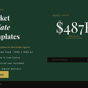 May include: A dark green graphic with white text that reads "Market Update Templates." It includes details for real estate agents, such as Instagram feed templates, and a median sale price of $487K.