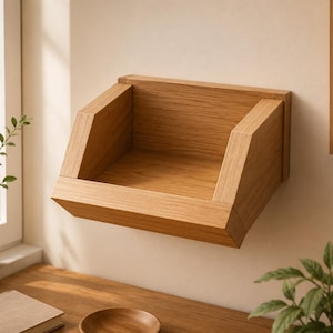 May include: A wall-mounted wooden shelf featuring a light brown oak finish with a box-like structure, open front, and angled side panels. The shelf has a flat base and a back panel designed for mounting, showcasing a natural wood grain texture.