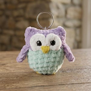 May include: A plush owl keychain crafted from soft yarn, featuring a light purple head and wings, a mint green body, white eye patches, black embroidered eyes, and a small yellow beak, attached to a circular silver metal split ring.