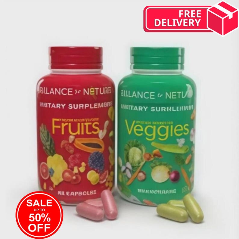 Pode incluir: Duas garrafas de suplementos, uma vermelha e outra verde, com as palavras "Fruits" e "Veggies". A garrafa vermelha mostra frutas, a verde vegetais. C&aacute;psulas e uma faixa "SALE" tamb&eacute;m s&atilde;o vis&iacute;veis.