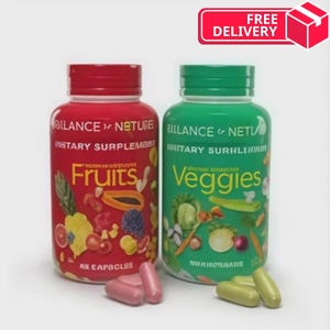 Pode incluir: Duas garrafas de suplementos, uma vermelha e outra verde, com tampas vermelhas e verdes. A garrafa vermelha est&aacute; rotulada como "Fruits" e a garrafa verde como "Veggies". C&aacute;psulas est&atilde;o em frente &agrave;s garrafas. O texto "Balance of Nature" &eacute; vis&iacute;vel.