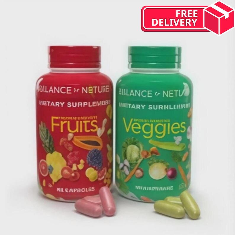 Pode incluir: Duas garrafas de suplementos, uma vermelha e outra verde, com tampas vermelhas e verdes. A garrafa vermelha est&aacute; rotulada como "Fruits" e a garrafa verde como "Veggies". C&aacute;psulas est&atilde;o em frente &agrave;s garrafas. O texto "Balance of Nature" &eacute; vis&iacute;vel.