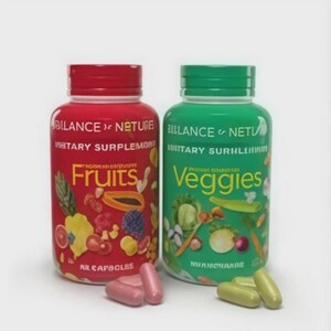 Pode incluir: Duas garrafas de suplementos, uma vermelha e outra verde, com tampas a condizer. A garrafa vermelha est&aacute; rotulada como "Fruits" e a garrafa verde como "Veggies". Ambas as garrafas t&ecirc;m ilustra&ccedil;&otilde;es de frutas e vegetais.