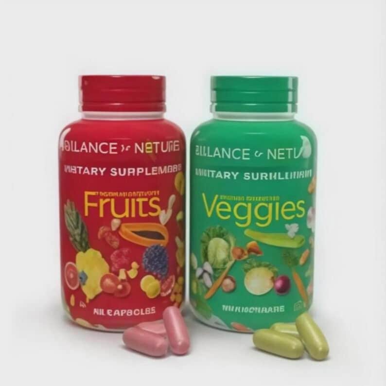 Pode incluir: Duas garrafas de suplementos, uma vermelha e outra verde, com tampas a condizer. A garrafa vermelha est&aacute; rotulada como "Fruits" e a garrafa verde como "Veggies". Ambas as garrafas t&ecirc;m ilustra&ccedil;&otilde;es de frutas e vegetais.