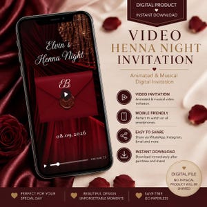 May include: A smartphone displaying a digital video Henna Night invitation with a dark red envelope, wax seal, and the text Elvin's Henna Night and 08.09.2026. The screen shows a play button, while the surrounding text details features like instant download.