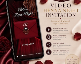 Könnte beinhalten: Ein Smartphone zeigt eine digitale Video-Einladung für eine Henna-Nacht mit einem dunkelroten Umschlag, Wachssiegel und dem Text Elvin's Henna Night sowie 08.09.2026. Der Bildschirm zeigt eine Wiedergabetaste und Informationen zum Sofort-Download.