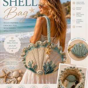 May include: A crochet pattern PDF for a shell-shaped tote bag with a hidden shell pouch. The bag is beige and blue, with a seashell design and a starfish charm. The text on the image says "The Shell Bag".