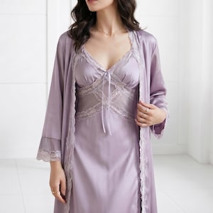 ladies satin nightwear dress Women's Satin Nightgown Lace Trim Sleep Dress Silky See Through Chemise V Neck Lingure