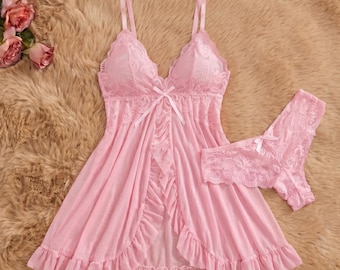 Sissy Lace Nightdress Set, Sheer Nightwear, Matching Panty Set