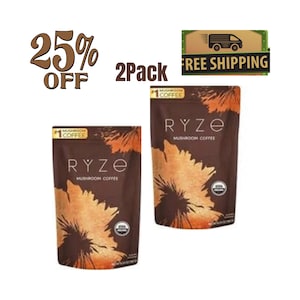 May include: Two brown pouches of RYZE Mushroom Coffee. Each pouch has a large orange floral design and the text "RYZE Mushroom Coffee". The image also includes the text "25% OFF" and "2Pack".