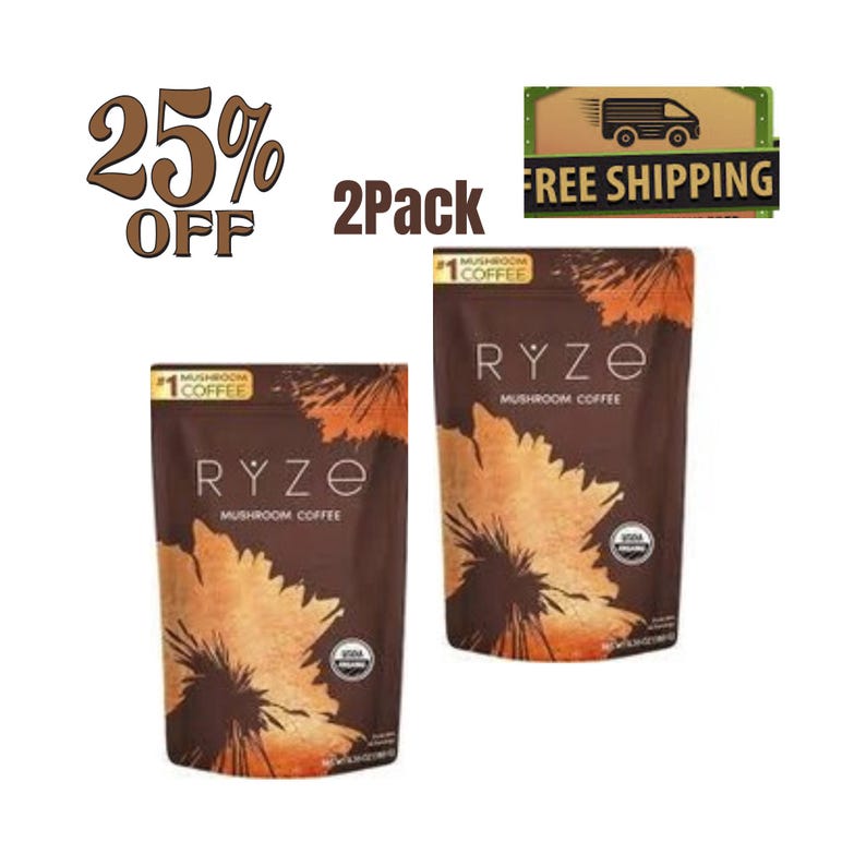 May include: Two brown pouches of RYZE Mushroom Coffee. Each pouch has a large orange floral design and the text "RYZE Mushroom Coffee". The image also includes the text "25% OFF" and "2Pack".