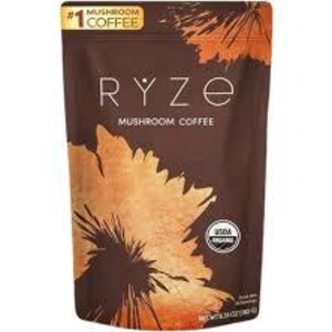 May include: A brown pouch of Ryze Mushroom Coffee with a large, stylized orange and brown leaf design. The text "RYZE MUSHROOM COFFEE" is in white, with "#1 COFFEE" in yellow. The pouch also has a USDA Organic seal.