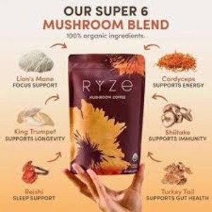 May include: A hand holds a dark brown bag of "RYZE Mushroom Coffee" with a yellow floral design. The image highlights the "OUR SUPER 6 MUSHROOM BLEND" with text indicating the benefits of each mushroom type, including Lion's Mane, Cordyceps, King Trumpet, Shiitake, Reishi, and Turkey Tail.