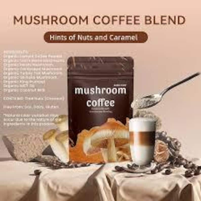 May include: A brown bag of "mushroom coffee" with the text "Hints of Nuts and Caramel" and a cup of coffee with a spoon. The image also includes mushrooms, coffee beans, and a piece of stone.