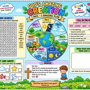 May include: A colourful educational activity sheet titled God's Amazing Creation 7 Days 1 Amazing Plan. It features a word search, a seven-day creation cycle wheel, fill-in-the-blank sentences, a counting section, a prayer, and a drawing space.