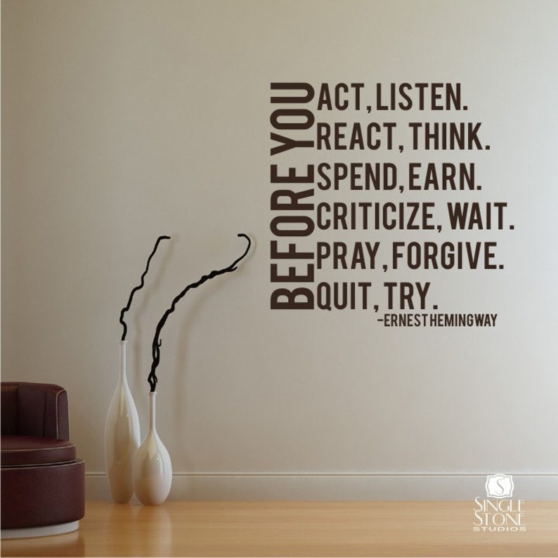 Wall Decal Quote Before You Act Ernest Hemingway Vinyl Wall | Etsy