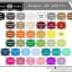 K&ouml;nnte beinhalten: Eine Farbpalette mit 48 Farbmustern, jedes mit einem Namen und einer Beschreibung. Die Palette ist in Reihen und Spalten angeordnet, wobei die Farben in einem Regenbogenmuster angeordnet sind. Die Palette tr&auml;gt den Titel "Designer-Farbpalette".