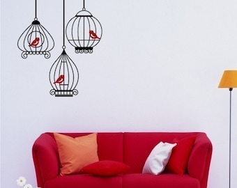 Birdcage Wall Decals with 3 birds - Wall Stickers Custom Home Decor