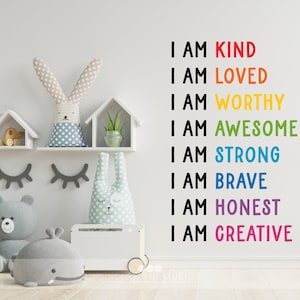 I AM - affirmation - I Am kind. loved. worthy. Awesome Strong. Brave. Honest. Creative. Quote Wall Decal - Vinyl Words