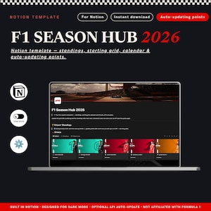 Può includere: Un modello digitale Notion intitolato F1 SEASON HUB 2026 visualizzato su uno schermo di un portatile. L'interfaccia presenta le classifiche dei piloti, un calendario delle gare e le griglie di partenza in modalità scura. Testo: For Notion, Instant download, Auto-updating points.