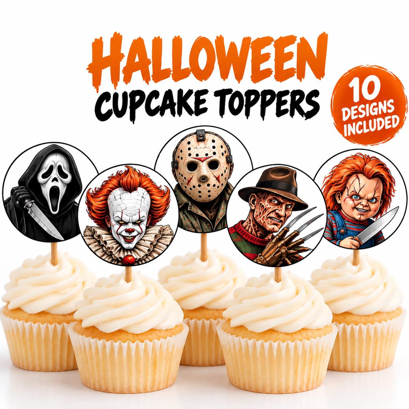 Horror Portraits for an Adult-Themed Tray Halloween horror-character portrait topper previews above simple cupcakes.