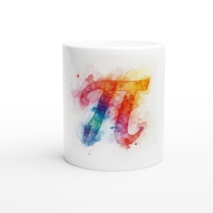 May include: White ceramic mug with a vibrant watercolour design of the Pi symbol. The symbol is depicted in a gradient of red, orange, yellow, green, and blue, set against a backdrop of watercolour splashes.