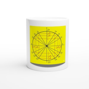 May include: White ceramic mug with a yellow rectangular graphic. The graphic features a black and red mathematical diagram of a circle with lines, numbers, and symbols. The mug is a standard size.