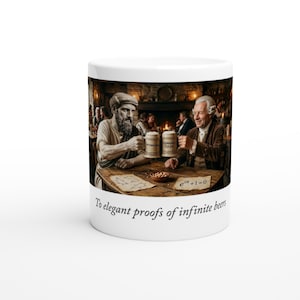 Op de afbeelding: Witte keramische mok met een humoristische afbeelding van historische figuren die toosten met bierpullen in een pub. De mok heeft de tekst "To elegant proofs of infinite beers" op de bodem.