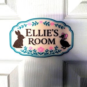 Może przedstawiać: Owalna tabliczka na drzwi z turkusową obwódką, zawierająca napis "ELLIE'S ROOM" ciemnobrązowymi literami. Tabliczka jest ozdobiona brązowym, brokatowym królikiem po lewej stronie, czarną kaczką w różowym czepku po prawej oraz różowymi kwiatami.