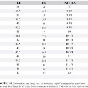 May include: A black and white shoe size conversion chart featuring columns for US, EU, and UK sizes alongside corresponding measurements in inches and centimetres. The table lists values from US size 5 to 14, with a note regarding foot heel-to-toe measurements.