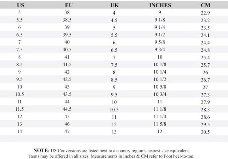 May include: A black and white shoe size conversion chart featuring columns for US, EU, and UK sizes alongside corresponding measurements in inches and centimetres. The table lists values from US size 5 to 14, with a note regarding foot heel-to-toe measurements.