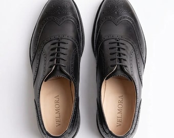 Sapatos Oxford de couro artesanais com bico brogue para homem | Sapatos sociais Oxford de couro de bezerro personalizados | Sola de couro ou borracha | Presente de Natal para ele