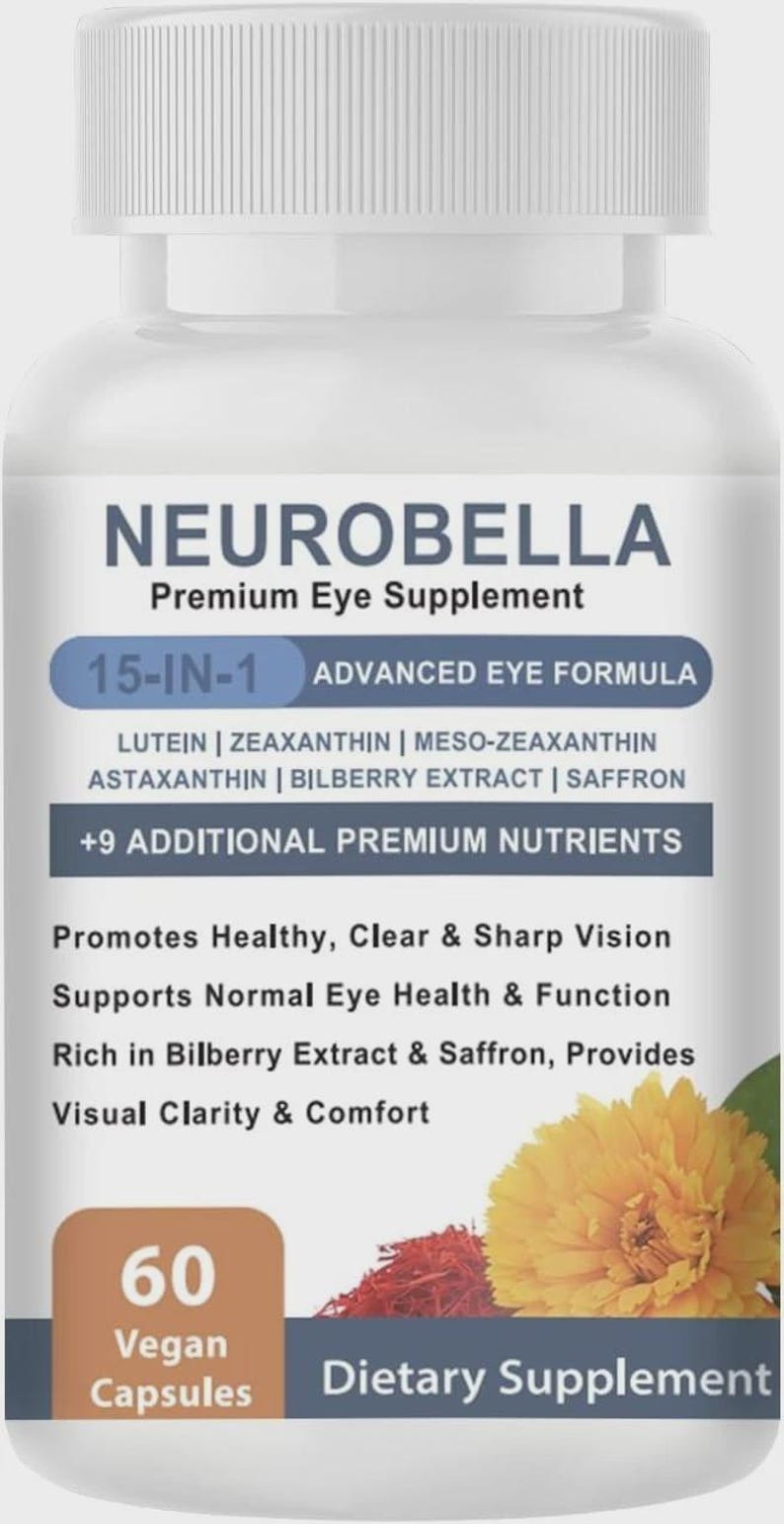 Puede incluir: Una botella blanca de Neurobella Premium Eye Supplement con tapa blanca. La etiqueta incluye el texto "15-IN-1 Advanced Eye Formula" y "60 c&aacute;psulas veganas". La etiqueta tambi&eacute;n enumera ingredientes y beneficios.