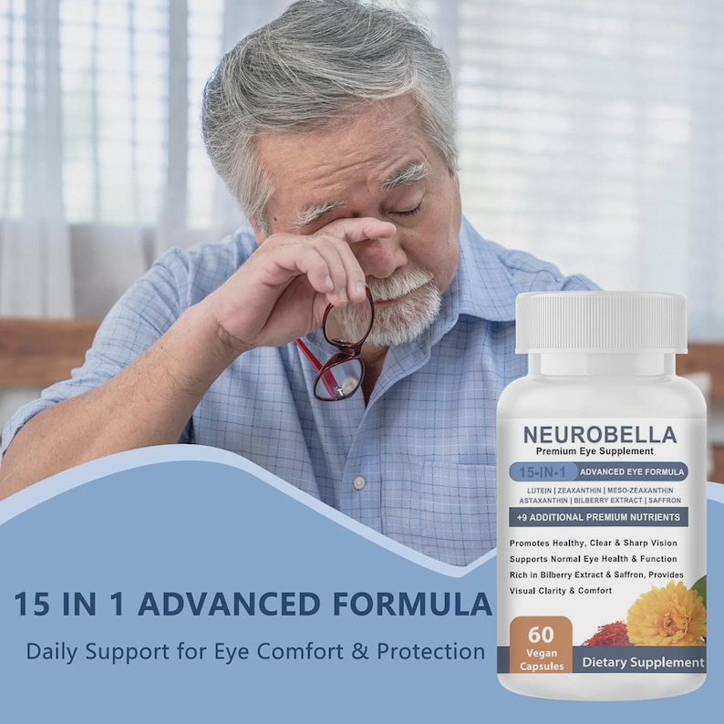Puede incluir: Una botella blanca de suplemento para los ojos Neurobella con una etiqueta azul y blanca. La etiqueta dice "15-IN-1 ADVANCED EYE FORMULA" y enumera los ingredientes. Una persona mayor sostiene gafas y se toca el ojo en el fondo.