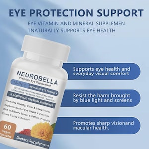 Puede incluir: Una botella blanca de suplemento ocular Neurobella con una etiqueta azul y blanca. La etiqueta enumera los ingredientes y beneficios, incluyendo el apoyo a la salud ocular y la protecci&oacute;n contra la luz azul. La botella contiene 60 c&aacute;psulas veganas.